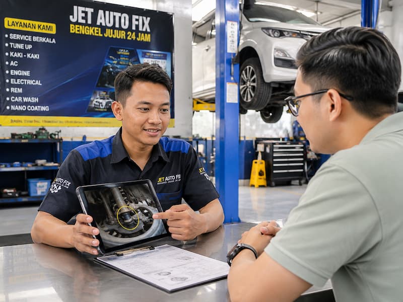 Mekanik Bengkel Beres mengerjakan kaki-kaki mobil setelah approval customer