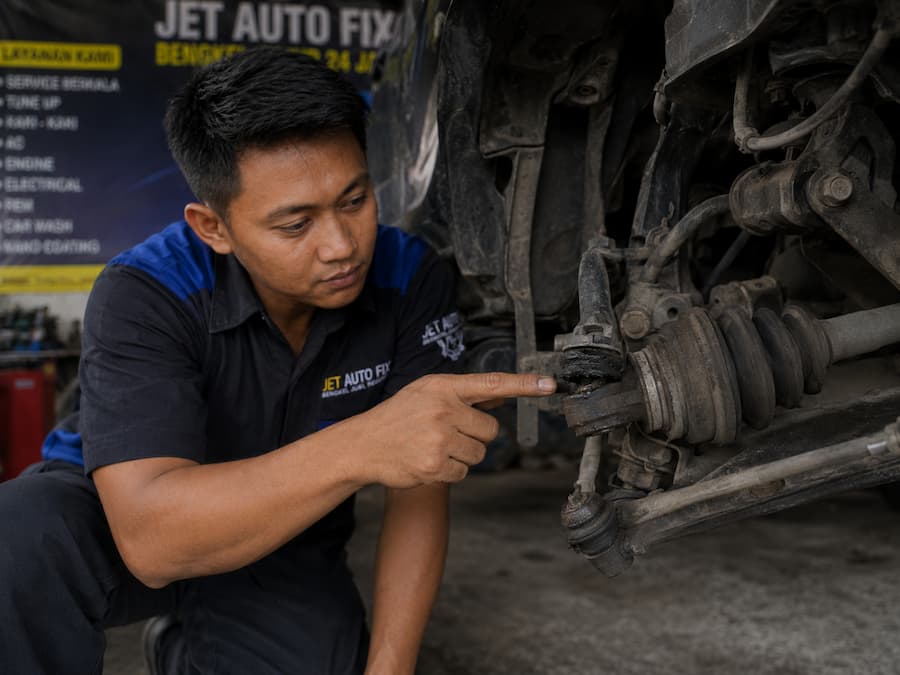 Komponen kaki-kaki mobil yang bermasalah ditunjukkan kepada customer